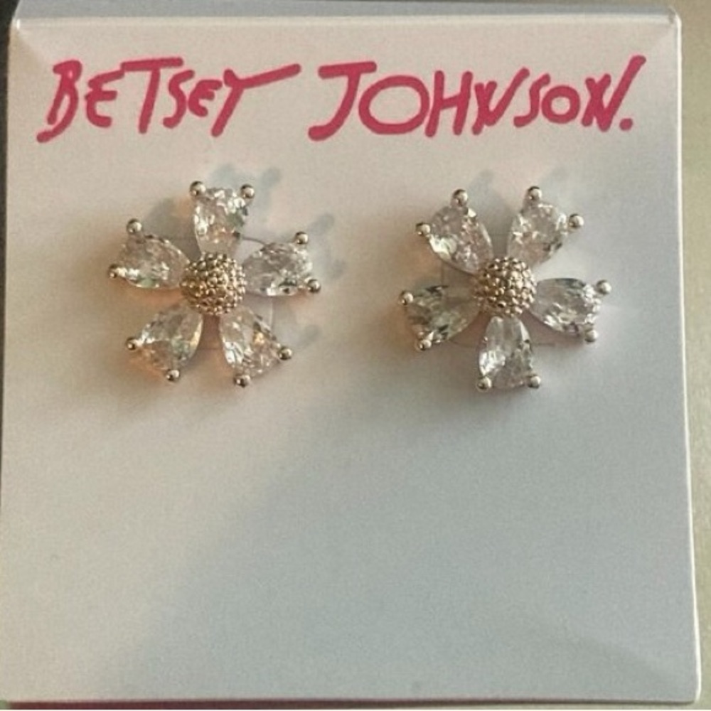 Betsey Johnson Silver Clear Crystal Flower Stud Earrings